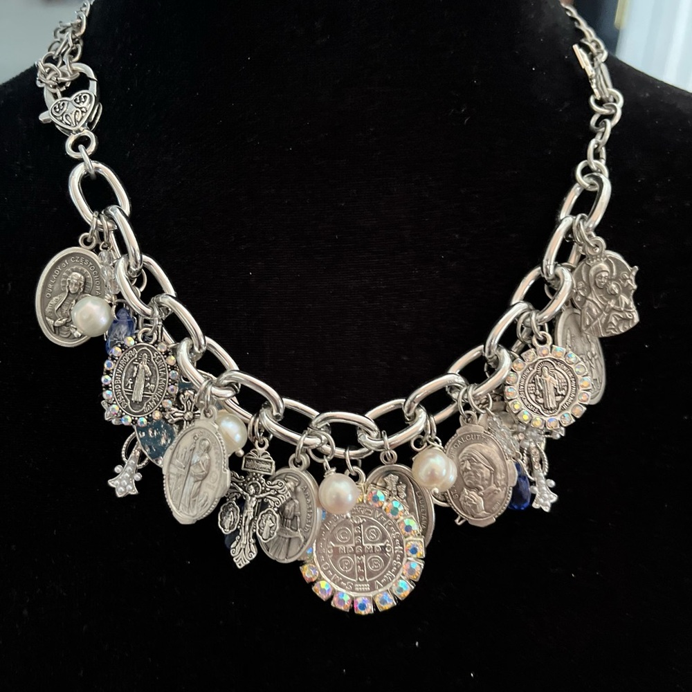 SOLD Charm Bracelet: St Benedict, Lenten Saints, Crosses, Freshwater Pearls - Picture 6 of 12